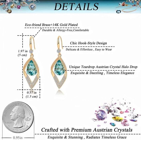 14K Yellow Gold and Aquamarine Blue Austrian Crystal Halo Leaf Teardrop Earrings - Picture 7 of 7